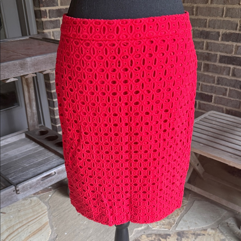 J. Crew Vibrant Red Lace Cutout Pencil Skirt